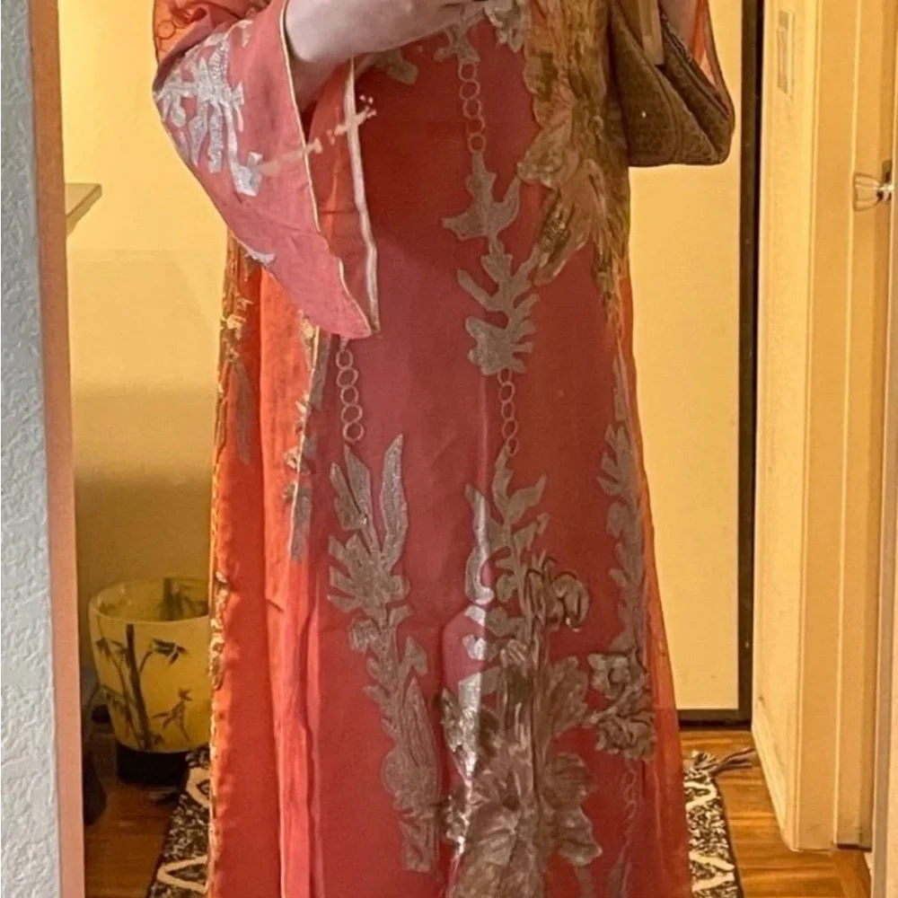 Elegant Coral Floral Embroidered Dress - Picture 2 of 9